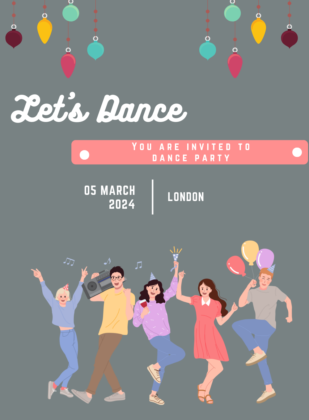 Grey Balloons Dance Party Invitation-AADPI013