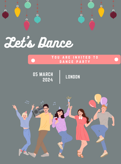Grey Balloons Dance Party Invitation-AADPI013