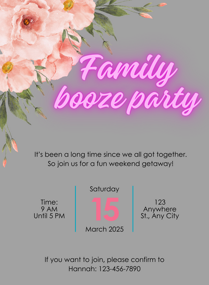 Grey Neon Family Booze Night Invitation-AAFOO004