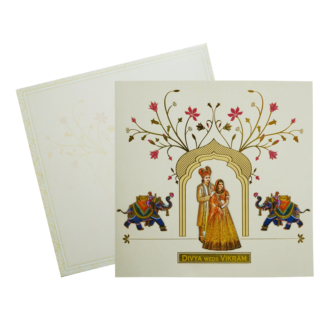 Lime Yellow Textured Bride &amp; Groom Wedding Card-KNKD8111