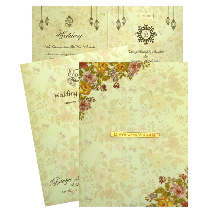 Olive Green Classic Designer Floral Offset Wedding Card With Name Plate-KNKC4031-King of Cards