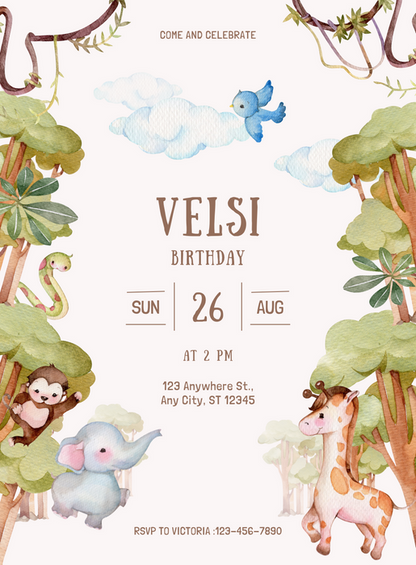 Green Brown Jungle Birthday Invitation-EINK0067