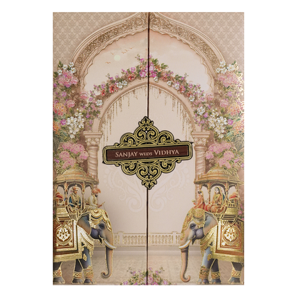 Cream Elephant Carriage Padded Wedding Card-KSH73200