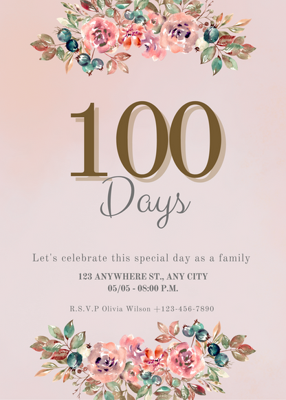 Pink Floral 100 Day Celebration Invitation