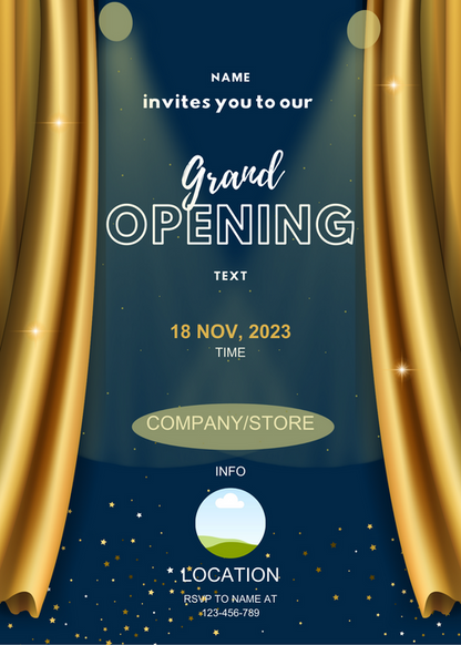 Black With Gold Curtains Grand Opening Invitation-AAGOI001