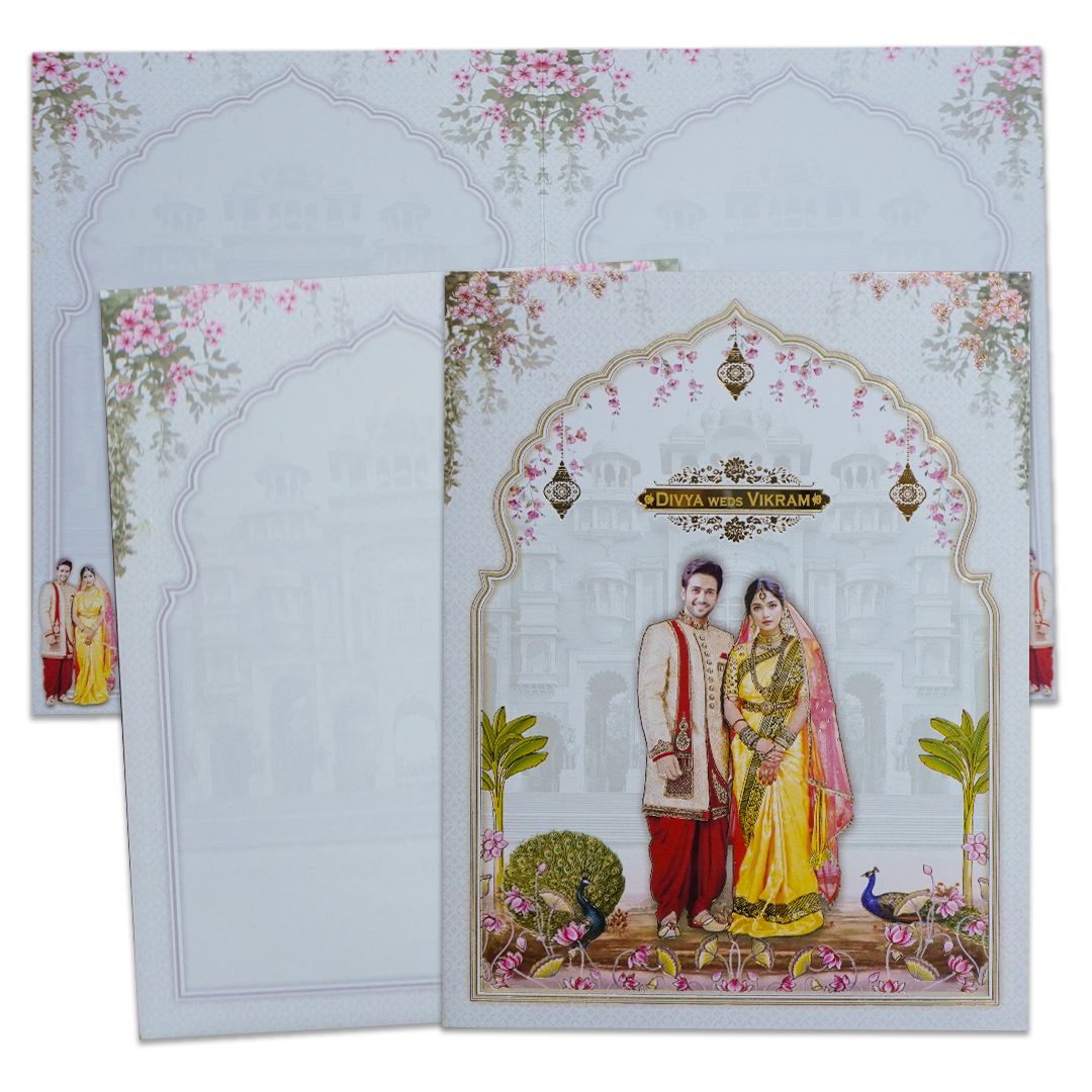Check out White Palace Couple Lotus Wedding Card at best price. ?WhatsApp Support ?Express Delivery. | King of Cards ??.