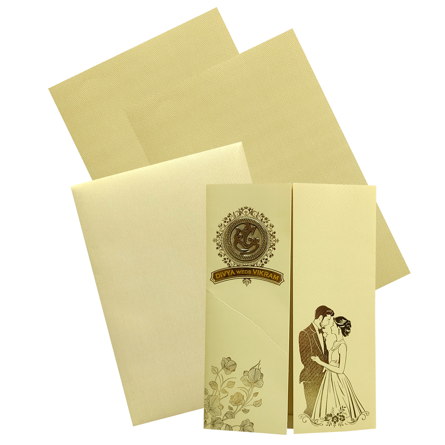 This invitation card has yellow bride groom envelope with two inserts and it has ganesha sticker with acrylic nameplate