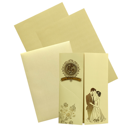 This invitation card has yellow bride groom envelope with two inserts and it has ganesha sticker with acrylic nameplate
