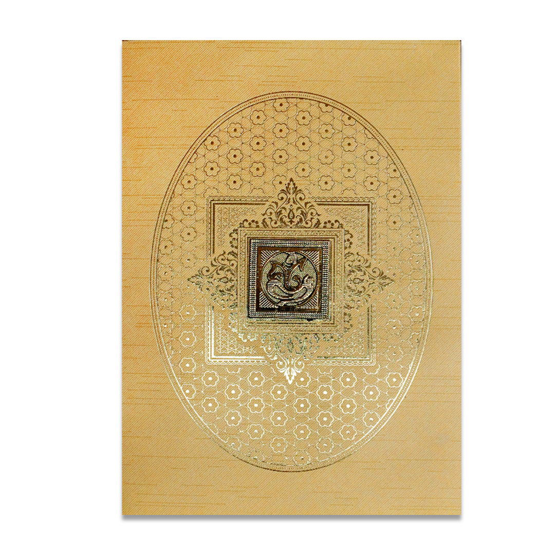 Gold Ganesh Embossed Oval Wedding Card-KNKR042G