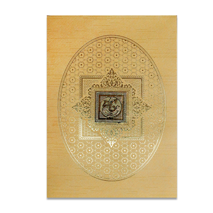 Gold Ganesh Embossed Oval Wedding Card-KNKR042G
