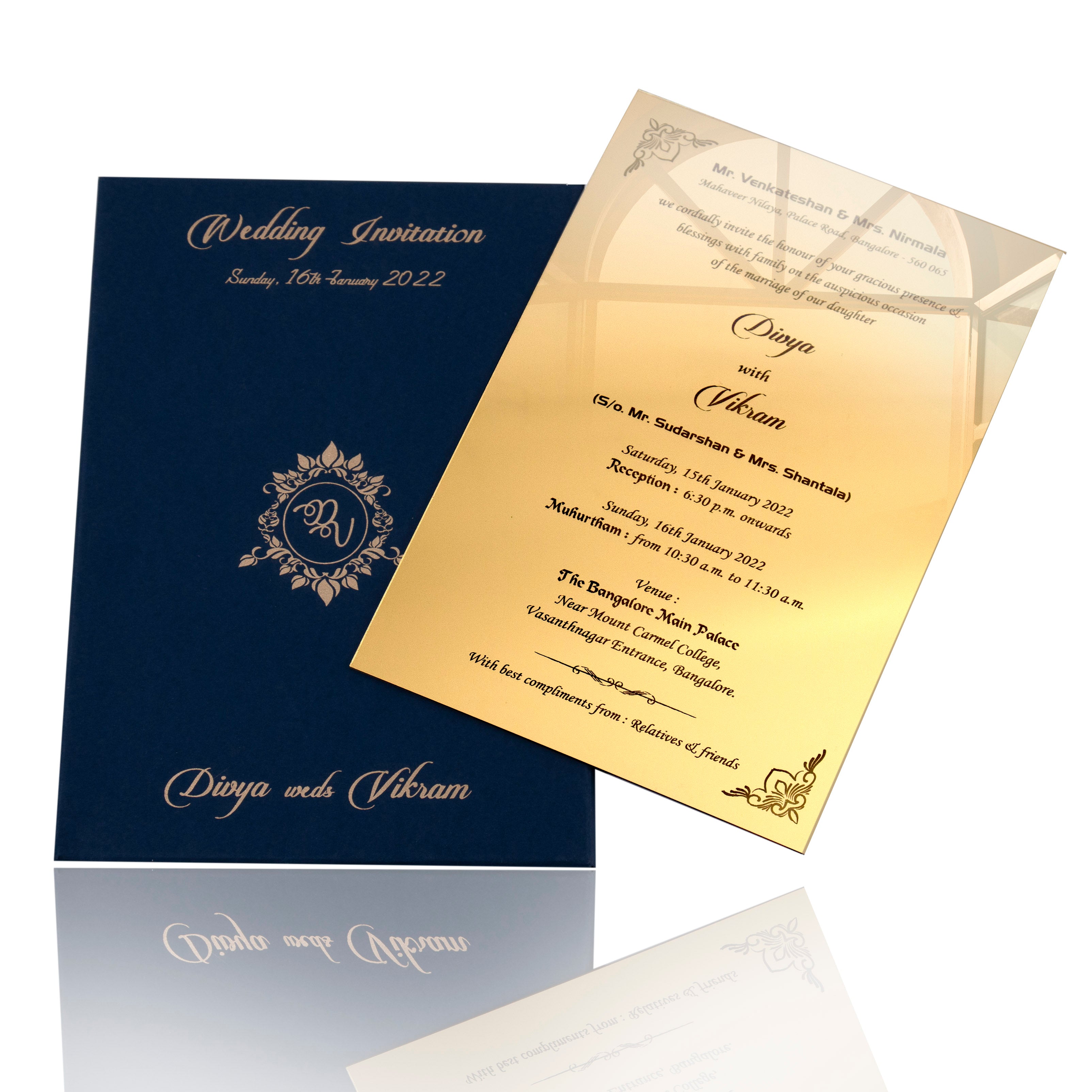 Selling Navy blue envelope with gold acrylic  invitation card online. Buying invitation cards made easy with King of Cards! ? Customer Support ? Home Delivery