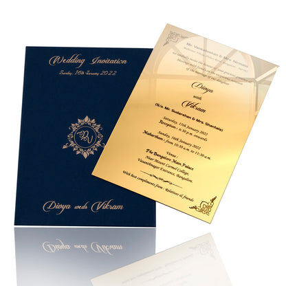 Selling Navy blue envelope with gold acrylic  invitation card online. Buying invitation cards made easy with King of Cards! ? Customer Support ? Home Delivery