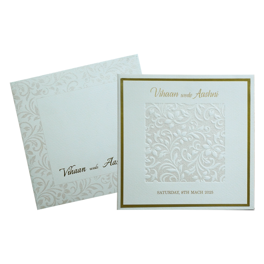 White Embossed Floral Padded Invitation Card-KRC30480