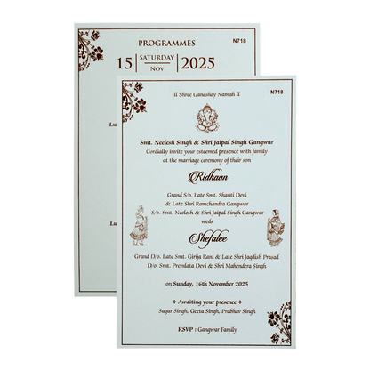 White Quilted Floral Ganesh Wedding Card - KVN07180