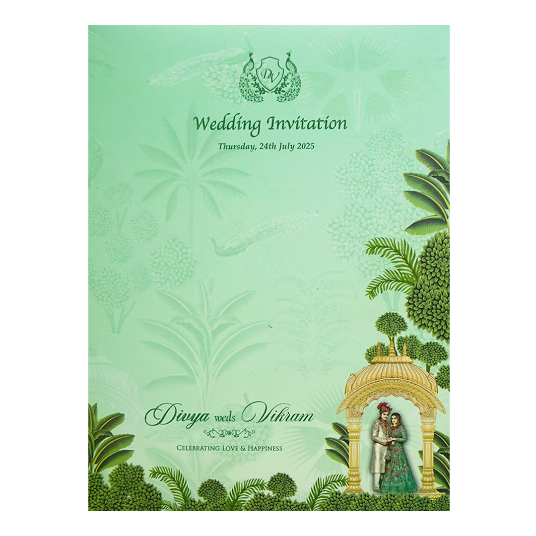 Green Laser-Cut Bride &amp; Groom Wedding Card-KNOR5201