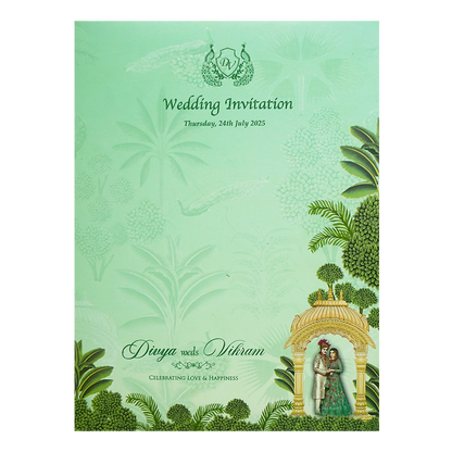 Green Laser-Cut Bride &amp; Groom Wedding Card-KNOR5201