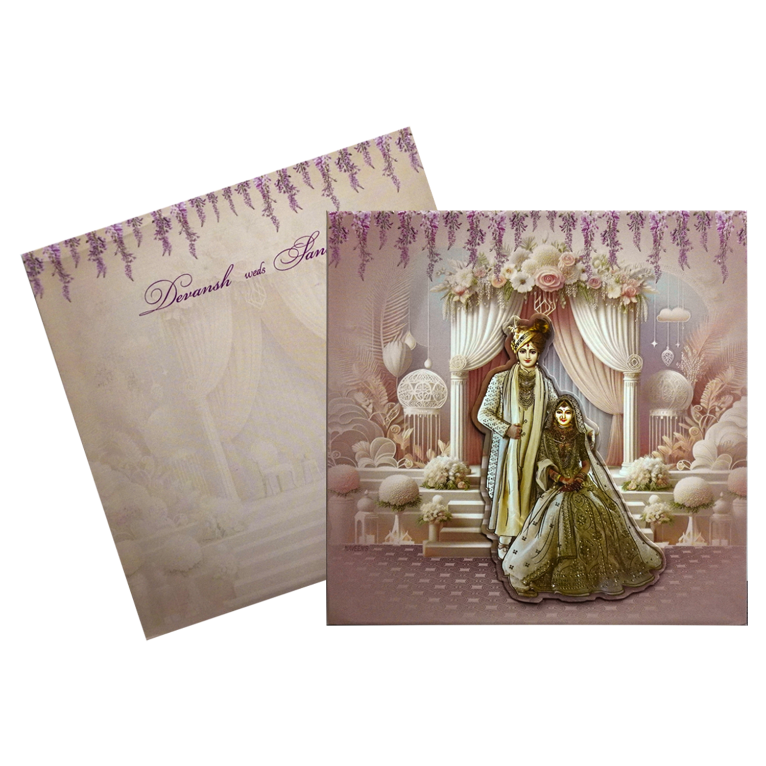 Pastel Pink Bride Groom Padded Invitation Card-KRC30530