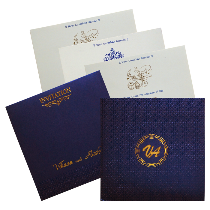 Royal Blue Embossed Padded Wedding Card-King of Cards