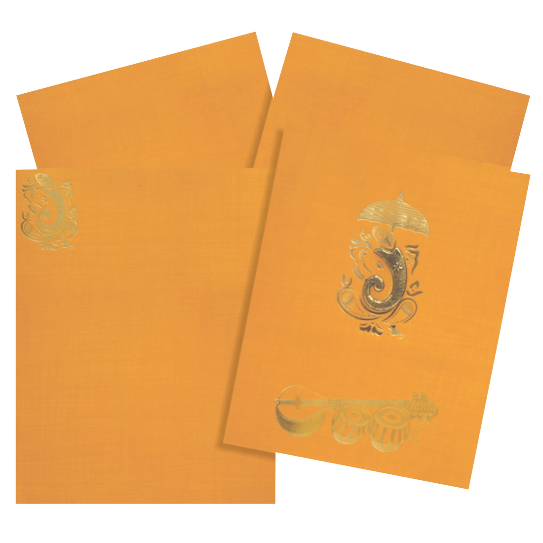 Our orange metallic jumbo card features a Ganesha design in gold foiling with embossed trunk. It also includes music instruments printed in gold foiling.
