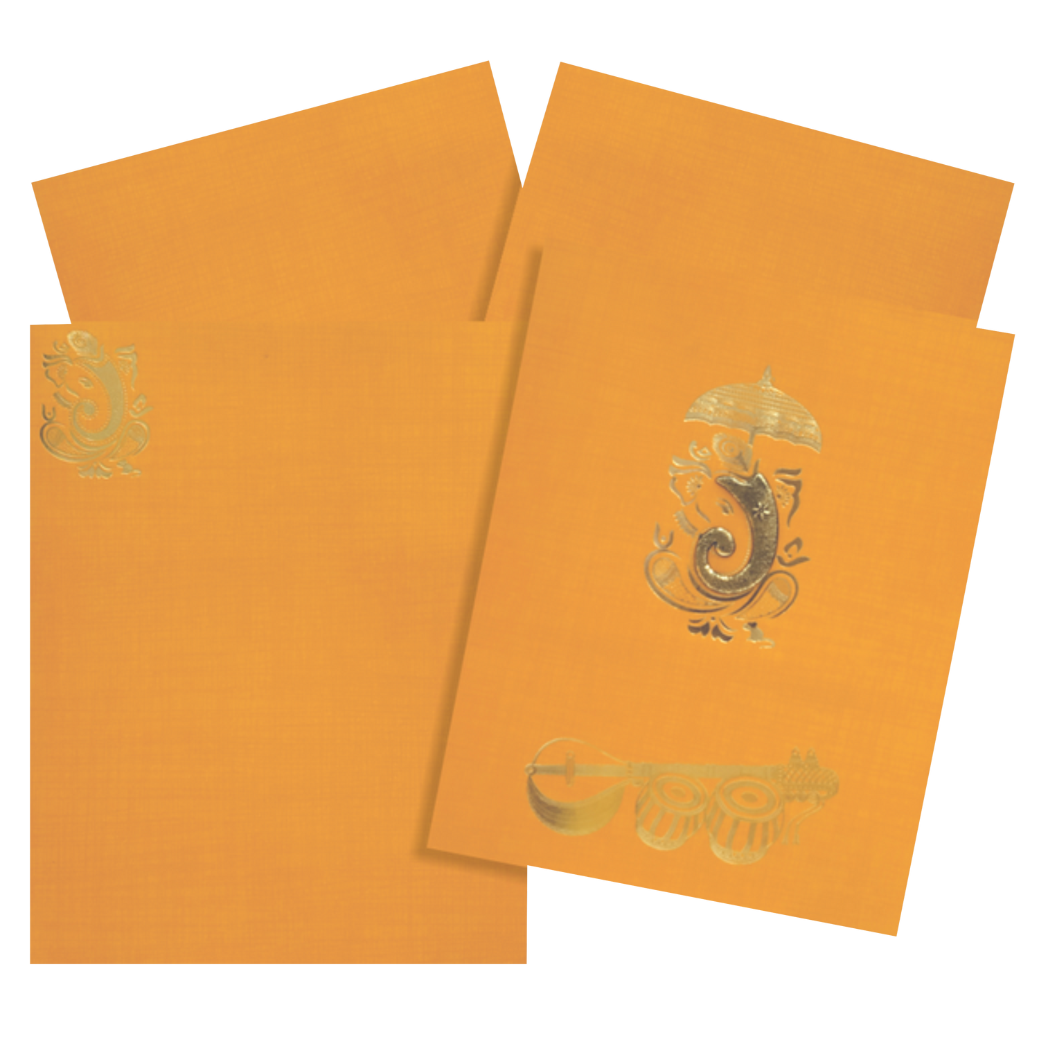 Our orange metallic jumbo card features a Ganesha design in gold foiling with embossed trunk. It also includes music instruments printed in gold foiling.