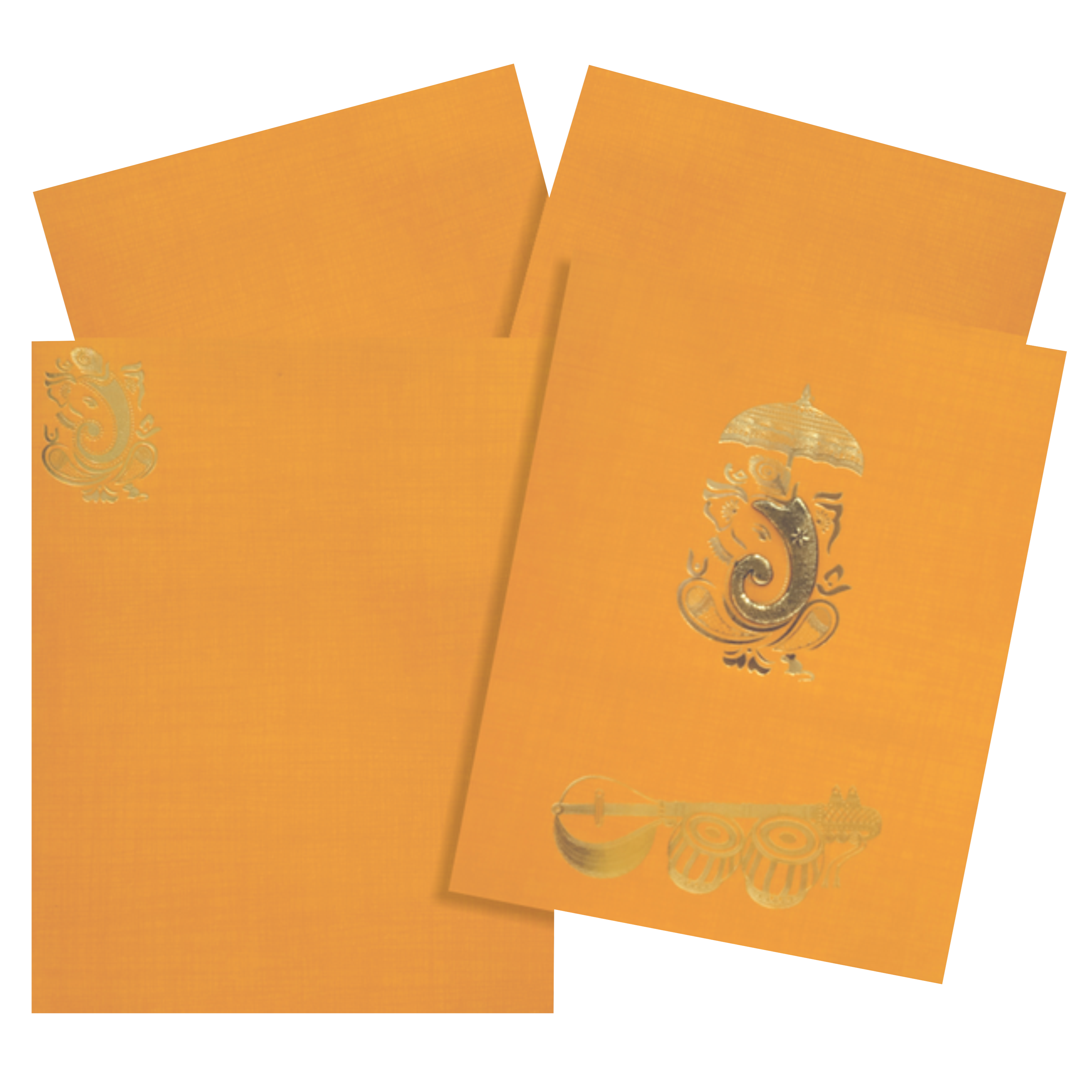 Our orange metallic jumbo card features a Ganesha design in gold foiling with embossed trunk. It also includes music instruments printed in gold foiling.