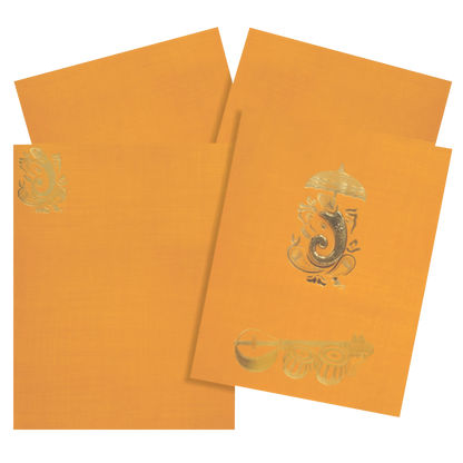 Our orange metallic jumbo card features a Ganesha design in gold foiling with embossed trunk. It also includes music instruments printed in gold foiling.