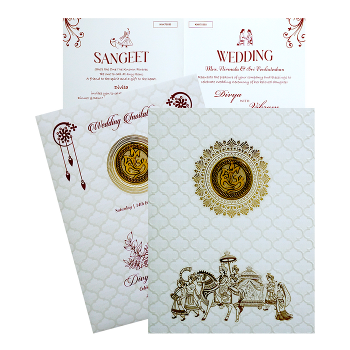 White Embossed Baraat Wedding Invitation Card-King of Cards