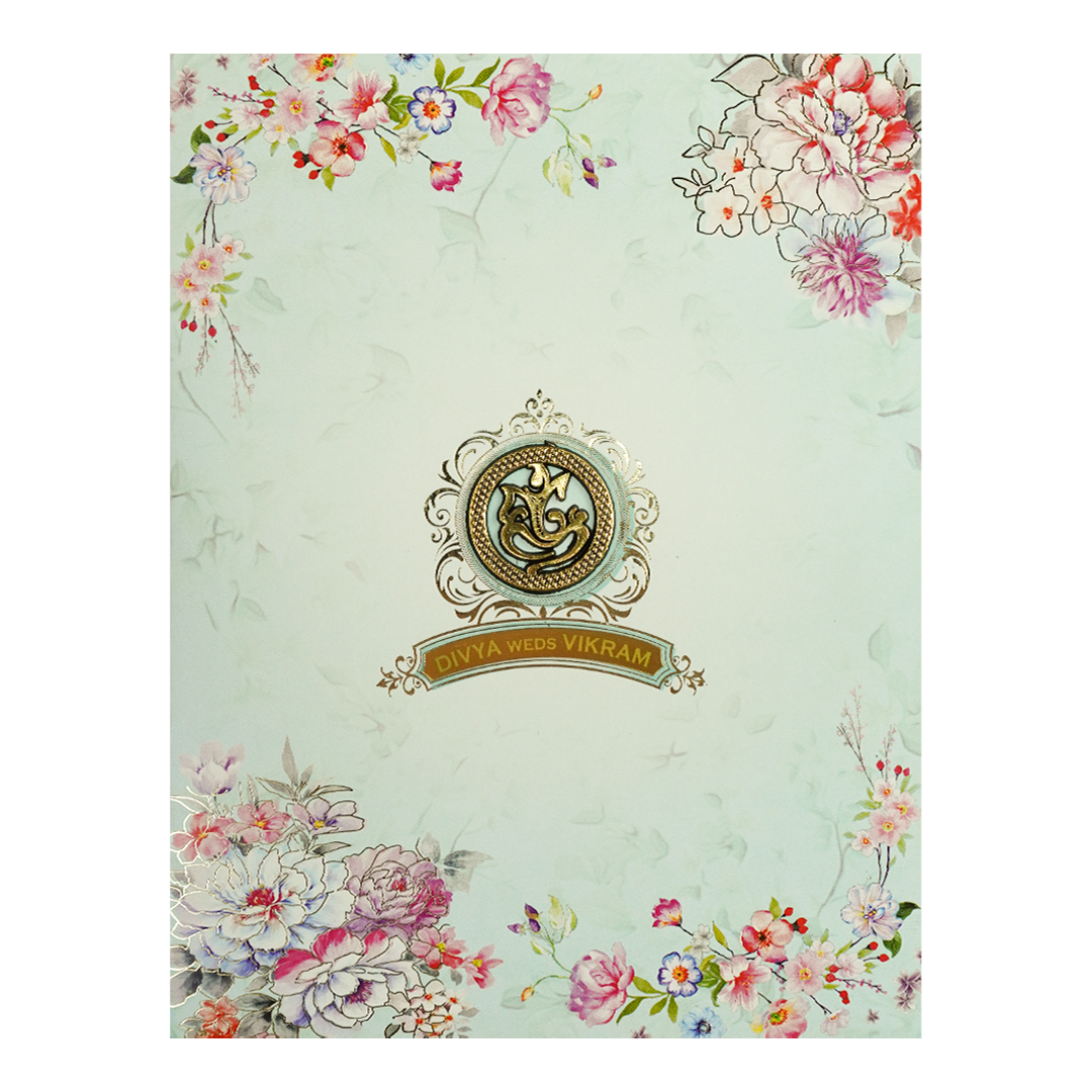 Mint Blue Floral Ganesha Wedding Card-KNKJ1089