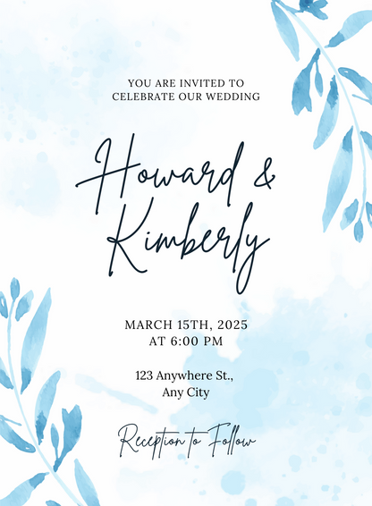 White Watercolour Blue Leaf Wedding Invitation-EINK0049