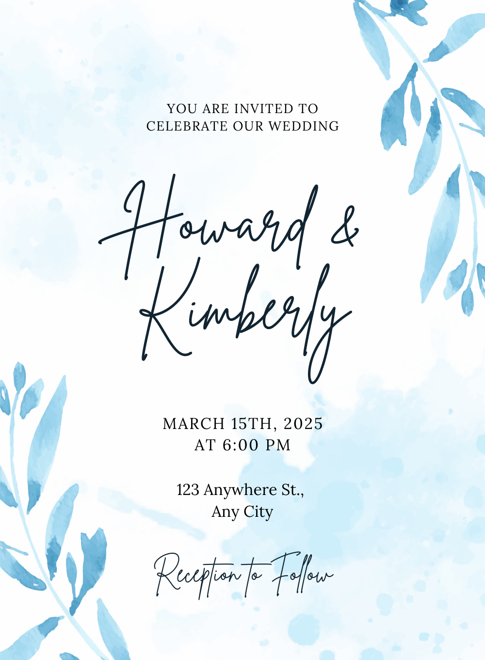 White Watercolour Blue Leaf Wedding Invitation-EINK0049