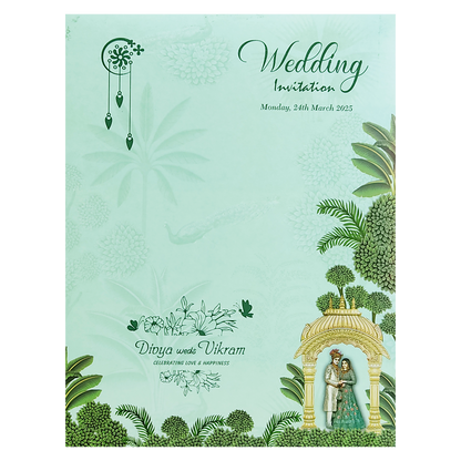 Green Royal Bride Groom Padded Wedding Card-KNMO9304