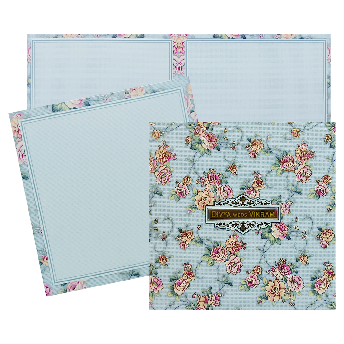 Ash Blue Floral Nameplate Wedding Card-KNKD8108