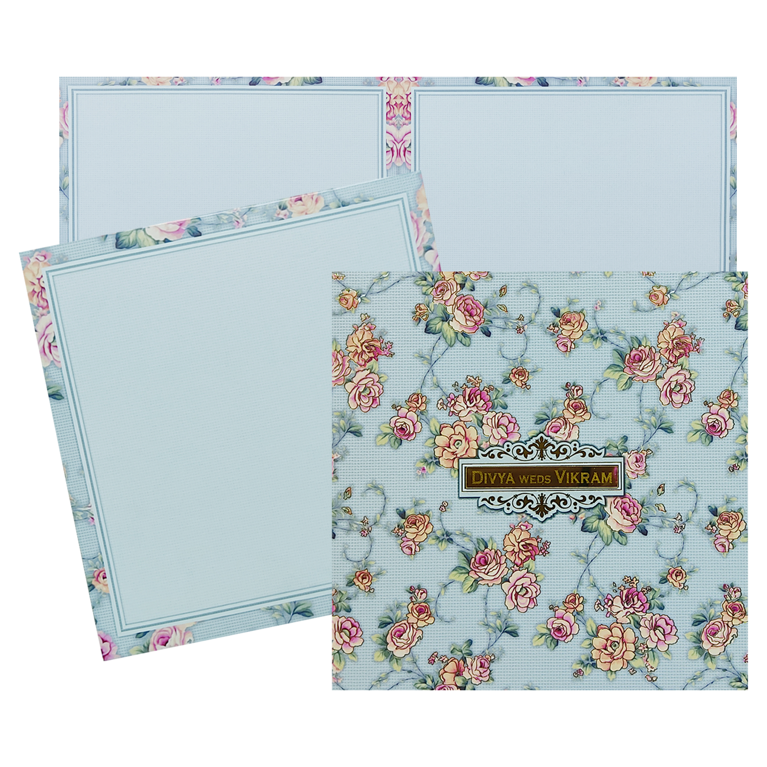 Ash Blue Floral Nameplate Wedding Card-KNKD8108
