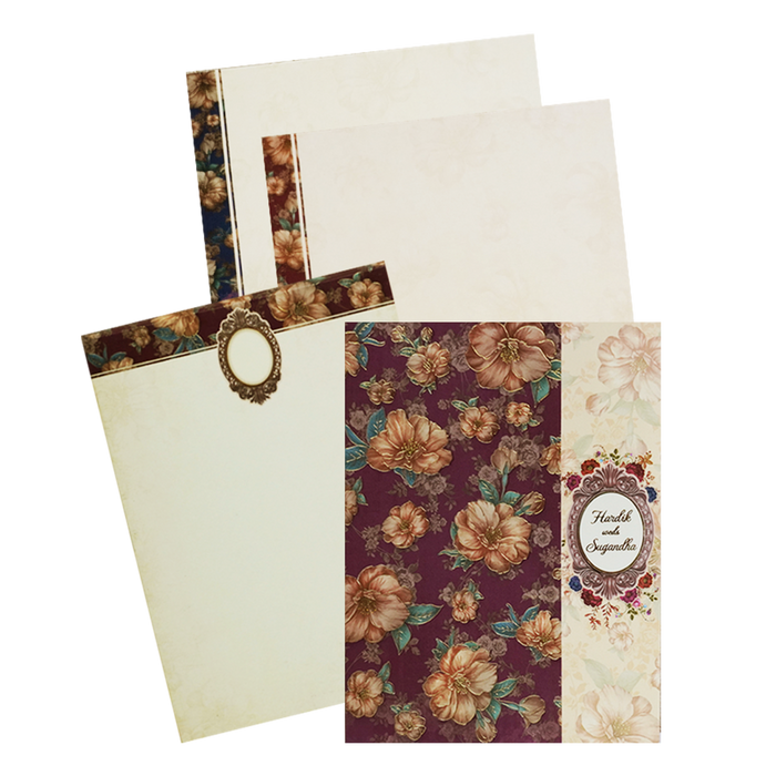 Maroon Cream Floral Door Padded Wedding Card-King of Cards