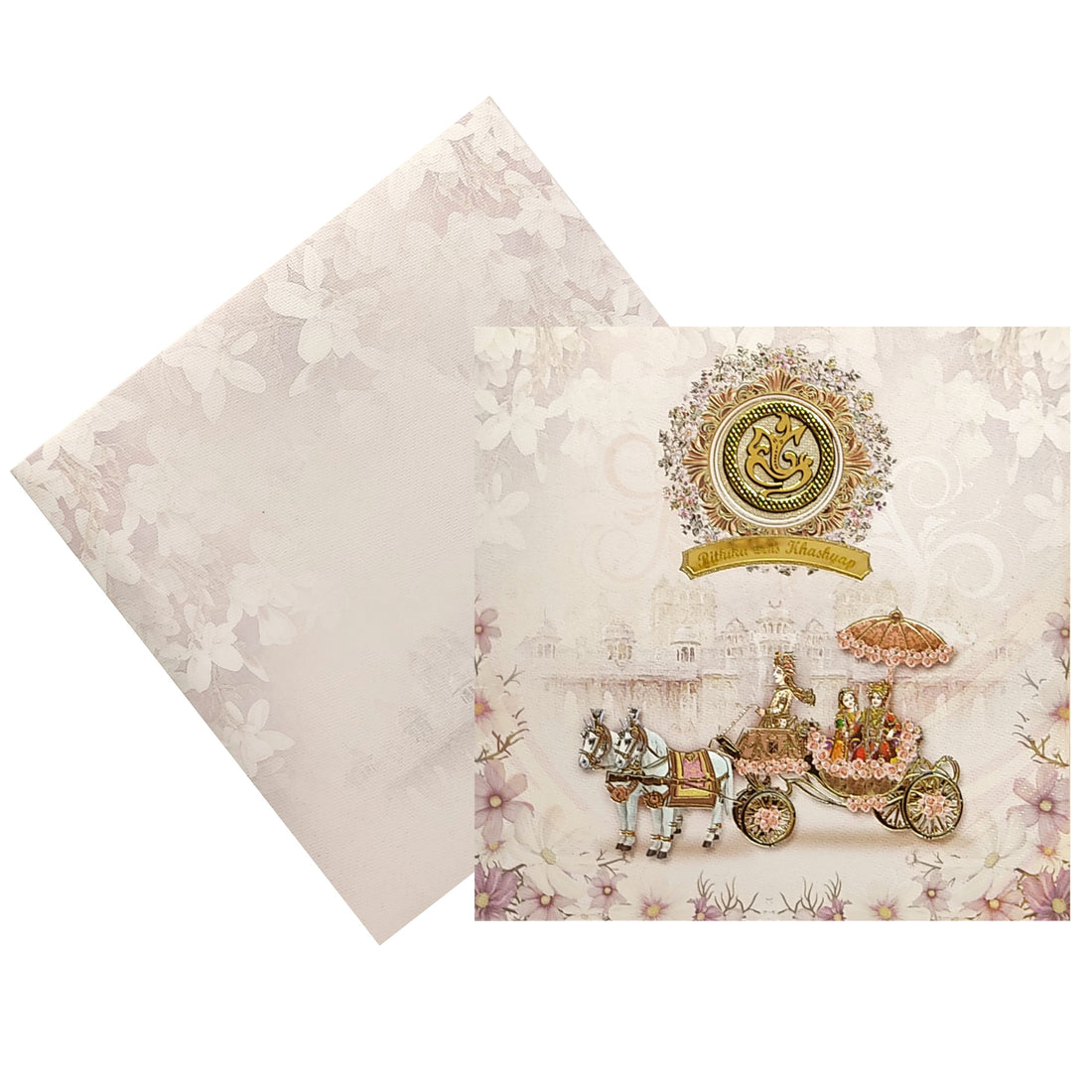 Pink Floral Chariot Nameplate Wedding Card-KNKD8101