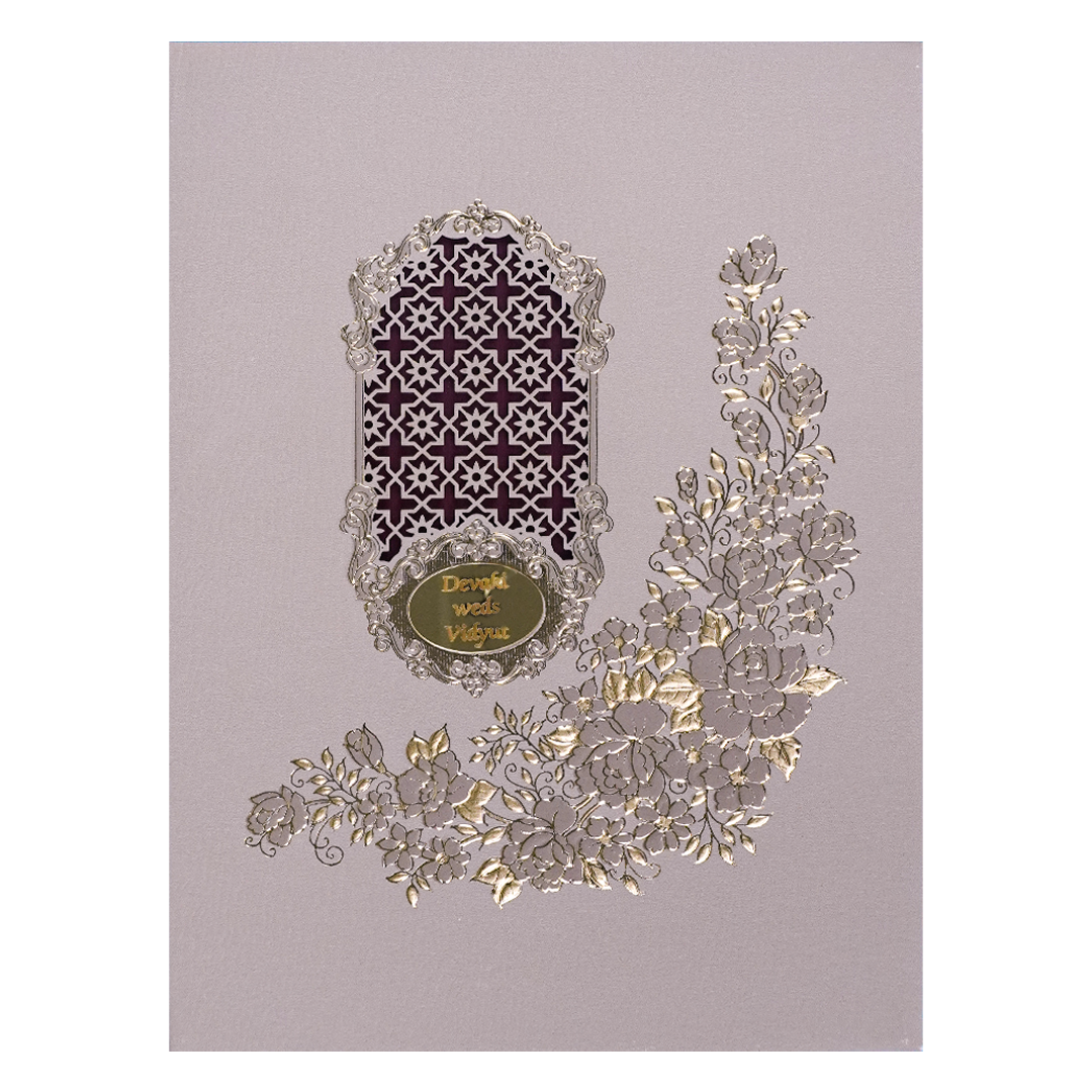 Cream Gold Floral Jaali Padded Wedding Card-KSSC2340