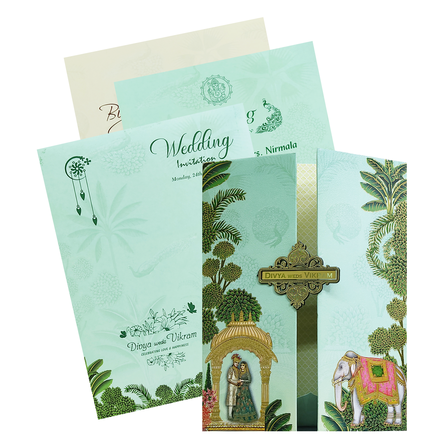 Green Royal Bride Groom Padded Wedding Card-KNMO9304