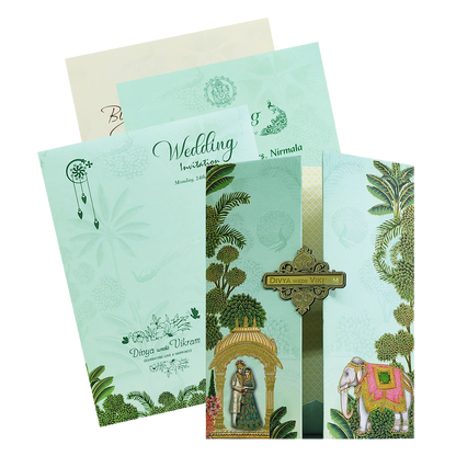 Green Royal Bride Groom Padded Wedding Card-KNMO9304