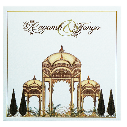 White Mughali Mahal Invitation Card-KRC30590