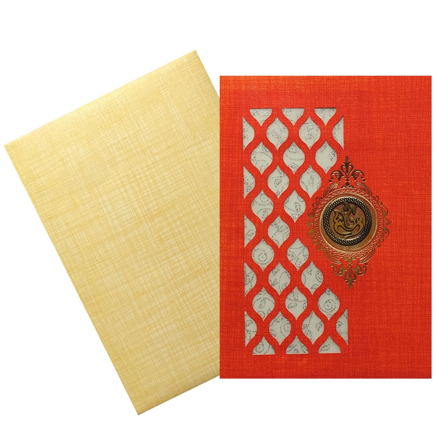 Red Metallic Die Cut Wedding Card With Ganesha Sticker-KNCM801R