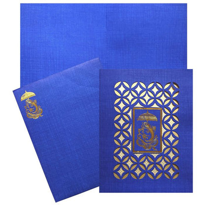 This wedding card is a designer card with a perfect metallic wrap up. This card is in blue shading with Ganesha at the point of convergence. Reach us to know more about the card.