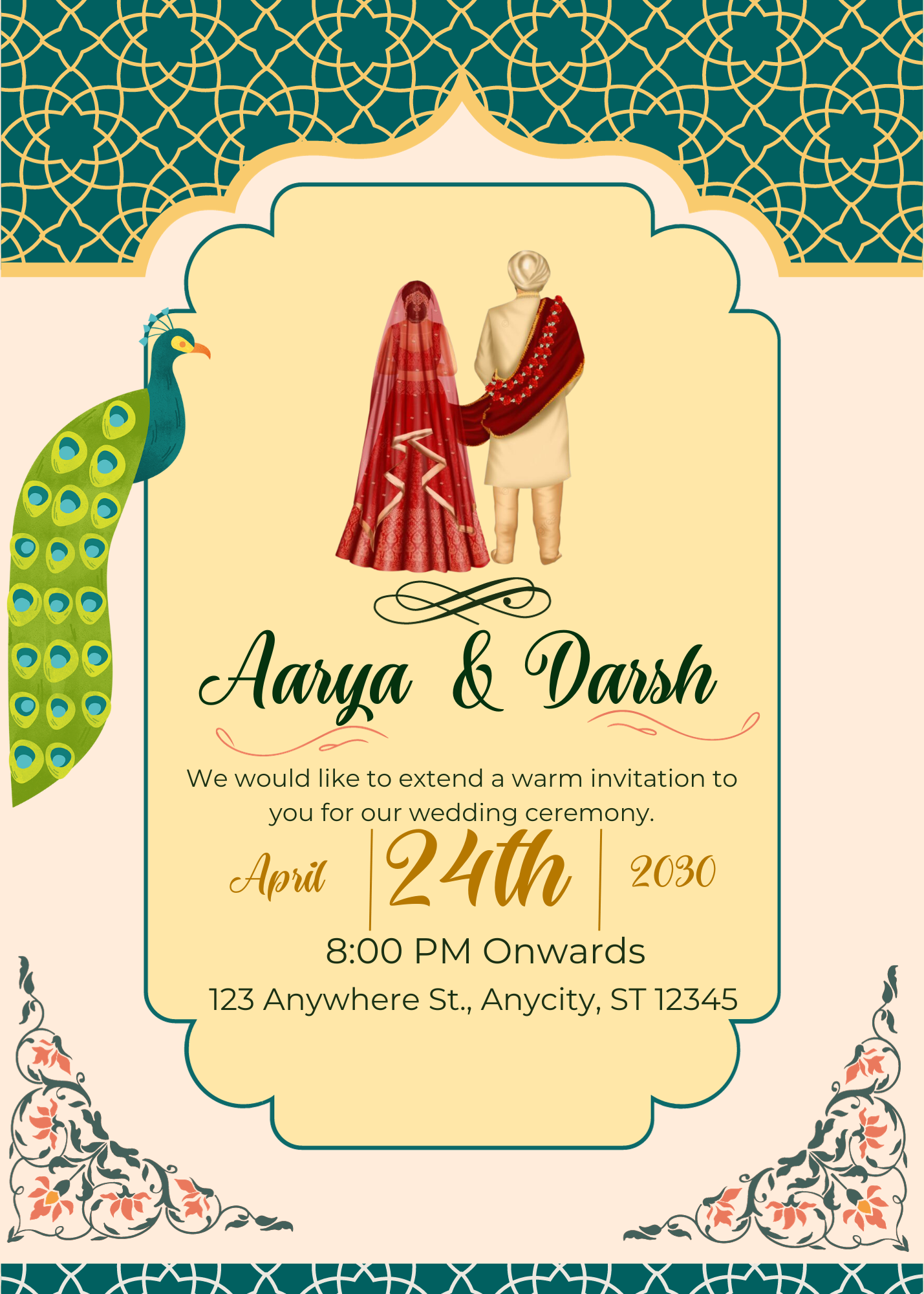 Pink Peacock Punjabi Wedding Invitation-AAPUN001