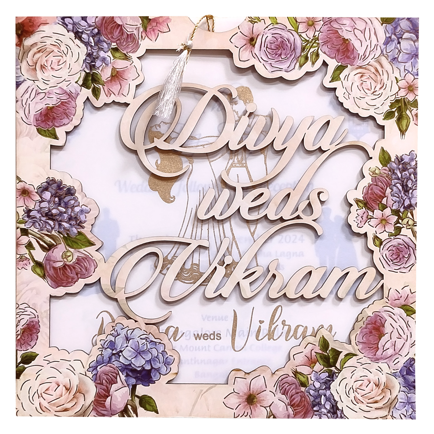 Peach Floral MDF Laser Cut Wedding Card-KNPL5804