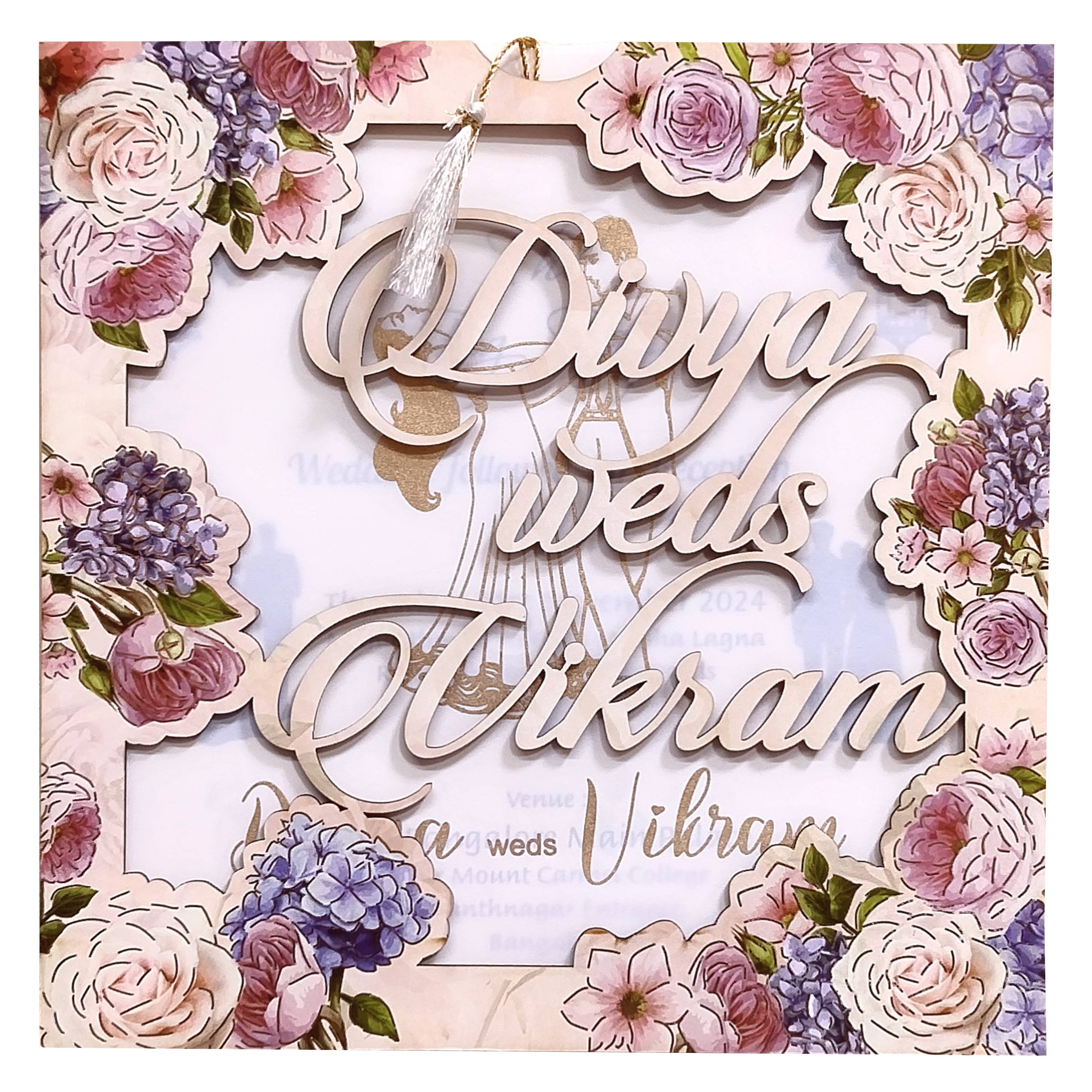 Peach Floral MDF Laser Cut Wedding Card-KNPL5804