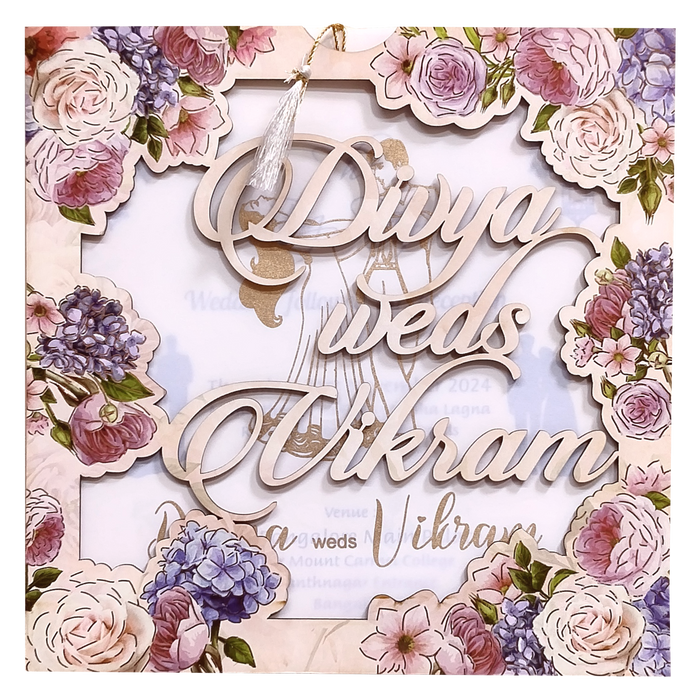 Peach Floral MDF Laser Cut Wedding Card-King of Cards