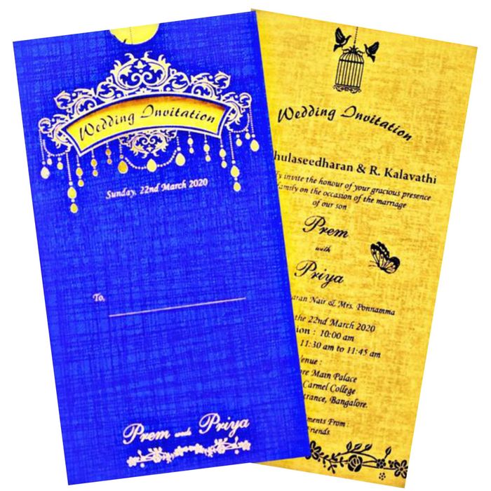 Blue single sheet card rectangle shape cut front of envelope with cream insert