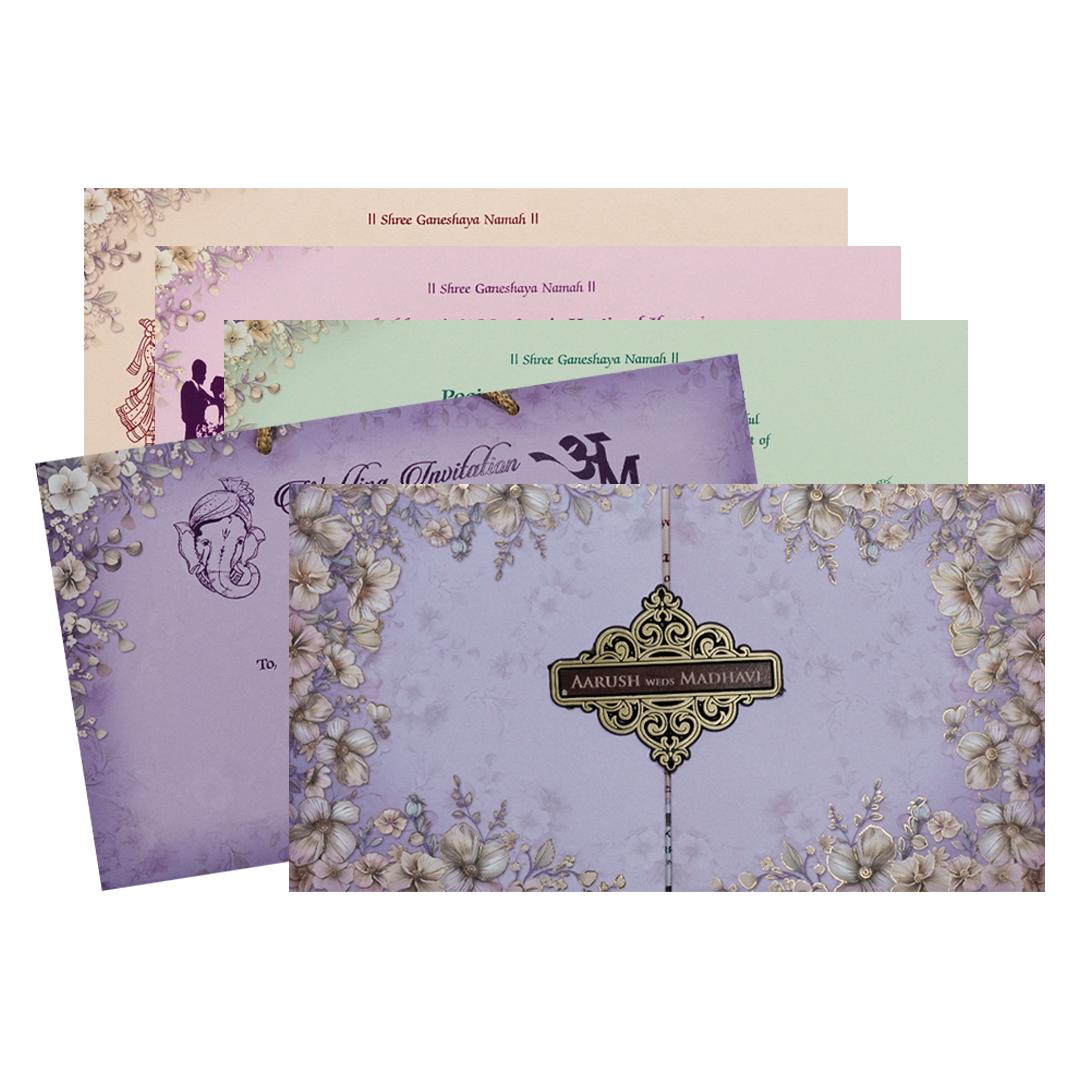 Check out Purple Floral Padded Wedding Card at best price.✅WhatsApp Support✅Express Delivery |King of cards.