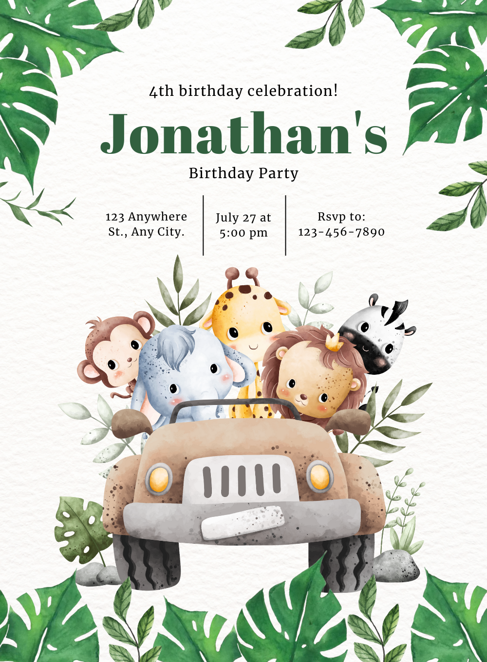 Green Jungle Animals Invitation-AAANI003