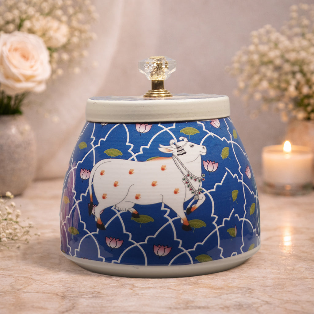 Check out Ink Blue Cow Decorative Small Jar  at best price.✅WhatsApp Support ✅Express Delivery. | King of Cards.=