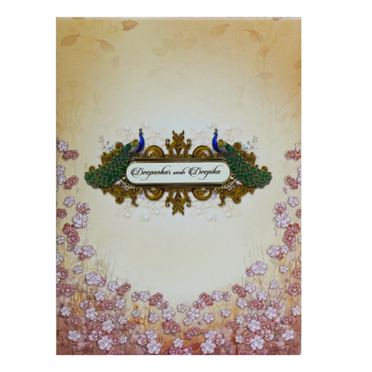 Peach Floral Peacock Padded Invitation Card-King of Cards